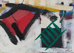 Brian Kelly, "Hängendes Rot mit Leiter", 1991, Acryl auf Hartfaser