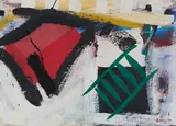 Brian Kelly, "Hängendes Rot mit Leiter", 1991, Acryl auf Hartfaser