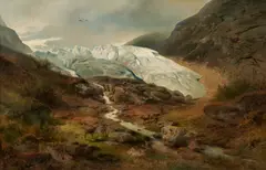 Gletscherlandschaft mit Hirschen und Adler by Hermann Herzog, Öl auf Leinwand, sold May 2022