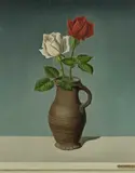 Josef Mangold, Zwei Rosen in einem Tonkrug, Öl auf Holz
