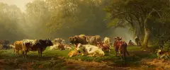 Friedrich Voltz, Lagernde Herde im Morgenlicht, Öl auf Holz