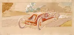 Ernest Montaut, Ferenc Szisz in his Renault Grand Prix of the A.C.F., 1906, poster, lithograph
