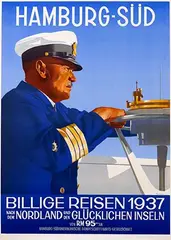 Ottomar C.J. Anton, HSDG Hamburg-Süd Billige Reisen nach dem Nordland und den Glücklichen Inseln, 1937, poster