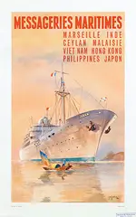 Messageries Maritimes Inde Ceylan Malaisie Viet Nam Hong Kong Philippines Japon by Jean des Gachons, 1958, poster, sold Feb 2025