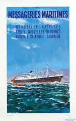 Messageries Maritimes Antilles Tahiti Nouvelles Hebrides Nouvelle Caledonie Australie by Jean des Gachons, 1958, poster, sold Feb 2025