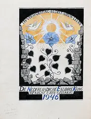 De Nederlandsche Exlibris Kring 1946 by Jeanne Bieruma Oosting, 1945, poster, sold Feb 2025