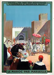Maurice Romberg, Le Maroc par Marseille Le Sultan se rendant à la Mosquèe de Fez Compagnie de Navigation Paquet, poster