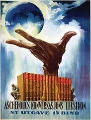 Aschehoucs Konversasjons Leksikon (Aschehoucs encyclopedia) by Finn Havrevold, 1940, poster, sold Jul 2023