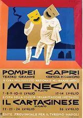 Mario Puppo, Pompei Tetro Grande, Capri Napoli, I Menecmi, 1954, poster