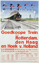 NS Goedkoope Trein naar Rotterdam, den Haag en Hoek v. Holland 1937 by Machiel Wilmink, 1934, poster, sold Jul 2022