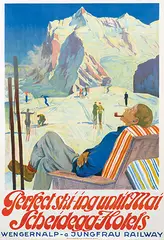 Eduard Stiefel, Perfect Ski-ing until Mai Scheidegg-Hotels Wengernalp- a. Jungfrau Railway, 1928, poster