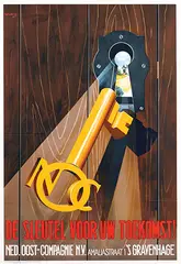 De sleutel voor uw toekomst! Ned. Oost-Compagnie N.V. 's Gravenhage by Marius J. G. Thomassen, 1943, poster, sold Feb 2022