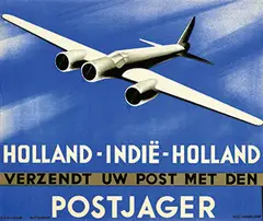Kees van der Laan, Holland-Indië-Holland Verzendt uw post met den (Pander) Postjager, 1933, poster