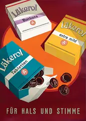 Läkerol Tabletten für Hals und Stimme by Franz Gygax, 1958, poster, sold Feb 2021