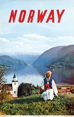John Tedford, Norway (young woman at lake dressed in Norwegian costume ?bunad?), 1954, poster