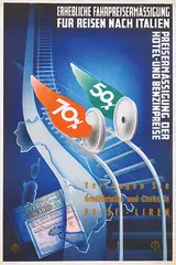 Carlo V. Testi, Erhebliche Fahrpreisermässigung nach Italien, 1935, poster