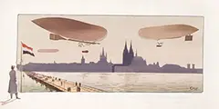 Marguerite Gamy, Les dirigeables Parceval et Gross en manoeuvre à Cologne (zeppelin), 1909, poster