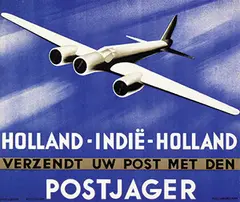 Kees van der Laan, Holland-Indië-Holland Verzendt uw post met den (Pander) Postjager, 1933, poster