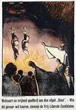 Jan Willem Sluiter, De Staat Welvaart en vrijheid geofferd aan den afgod "Staat" Vrij-Liberale Candidaten, 1918, poster