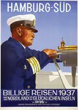Ottomar Anton, HSDG Hamburg-Süd Billige Reisen nach dem Nordland und den Glücklichen Inseln, 1937, poster
