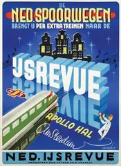 Tom Manders, Ned. Spoorwegen brengt u per extra treinen naar de IJsrevue Apollohal Amsterdam, 1948, poster