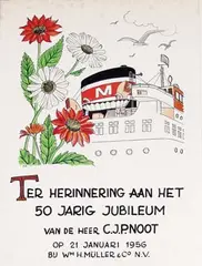 Initials F.G., To commemorate the 50th anniversary of Mr. C.J.P. Noot at Wm H. Müller & Co N.V., 1956, poster
