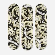 Steven Harrington, Rosé (triptych), 2018, offset lithograph in colors on maple skatedeck, marker
