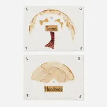George Herms, Terms and Hundreds (diptych), 2001, found paper collage and ink stamp on paper