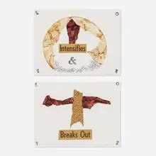 George Herms, Intensifies and Breaks Out (diptych), 2001, found paper collage and ink stamp on paper