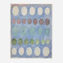 Ovals on Blue by Eugenia Sumiye Okoshi, ink and colored pencil on paper, sold Aug 2025