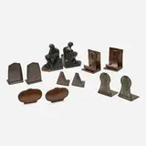 Roycroft, Collection of bookends, c. 1920, patinated and handwrought copper, patinated copper over pot metal