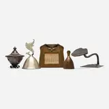 Roycroft, Collection of five tabletop accessories, c. 1920-1930, patinated, brass-washed, silver-washed and handwrought copper, glass, leather