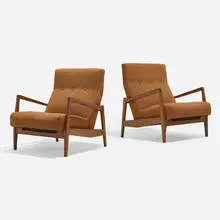 Jens Risom, Lounge chairs, pair, c. 1955, walnut, upholstery