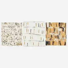 Jerry Iverson, #152; #200; #217 (three works from the Language series), paper and mixed media collage on Masonite