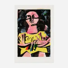 Sleepwalker by Dana Schutz, 2016, woodcut and monotype in colors, sold Dec 2023