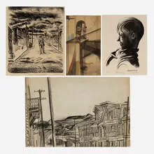 Hubert Davis, Four works, charcoal on paper, graphite and gouache on paper, lithograph