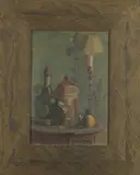American School, Still Life with Stemware and Bottles, STILL LIFE WITH STEMWARE AND BOTTLES, oil on board