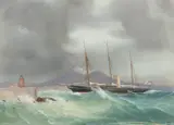 Continental School, Ship Near Sea Wall, Gouache