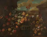Mario Nuzzi, Still Life of Flowers in a Classical Landscape, STILL LIFE OF FLOWERS IN A CLASSICAL LANDSCAPE, oil on canvas laid on panel