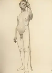 Rudolph C. Mueller, Standing Male Nude with Staff, STANDING MALE NUDE WITH STAFF, charcoal