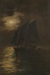 Continental School, Schooner Under Full Moon, SCHOONER UNDER FULL MOON, oil on canvas