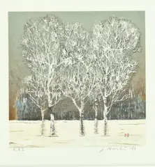 Joichi Hoshi, Clump of Trees in Winter, Woodblock with gold metallic pigments, signed, sealed and