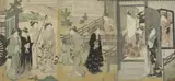 Japanese School, "Geisha", Ink and color woodcut print, signed and