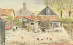 Reg B. Strange, Barnyard with Chickens, Watercolor