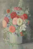 E Turner, Zinnias in White Vase, Oil on board