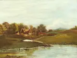 Continental School, Hillside House by River, HILLSIDE HOUSE BY RIVER, oil on canvas
