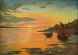 Heinrich Koch, SUNSET WITH BOATS, sined lower right, Oil on canvas