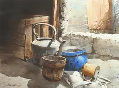 Peruvian School, Rustic Still Life with Blue Enamel Pot, Watercolor