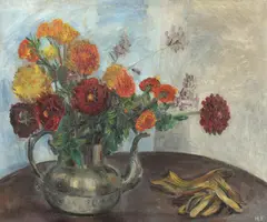 Harriet Fitzgerald, Zinnias in Silver Pot with Gloves, Oil on canvas