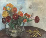 Harriet Fitzgerald, Zinnias in Silver Pot with Gloves, Oil on canvas